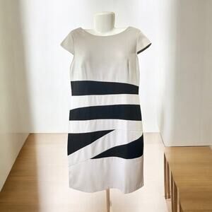 Alyx Women's Tan w/ Black Taylored Bandage Cap Slv Back Zip Pencil Dress Size 14